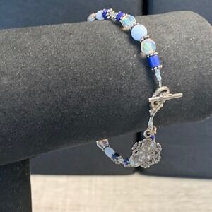 Blue Agate Crystal Beaded Snowflake Charm Bracelet Silver Tone Toggle Clasp 7.5"